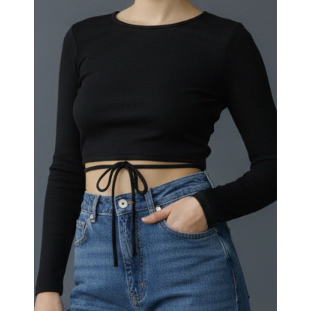 Princess Polly Shirt Womens US 6 Black Ribbed Long Sleeve Crop Tie Back Cutout